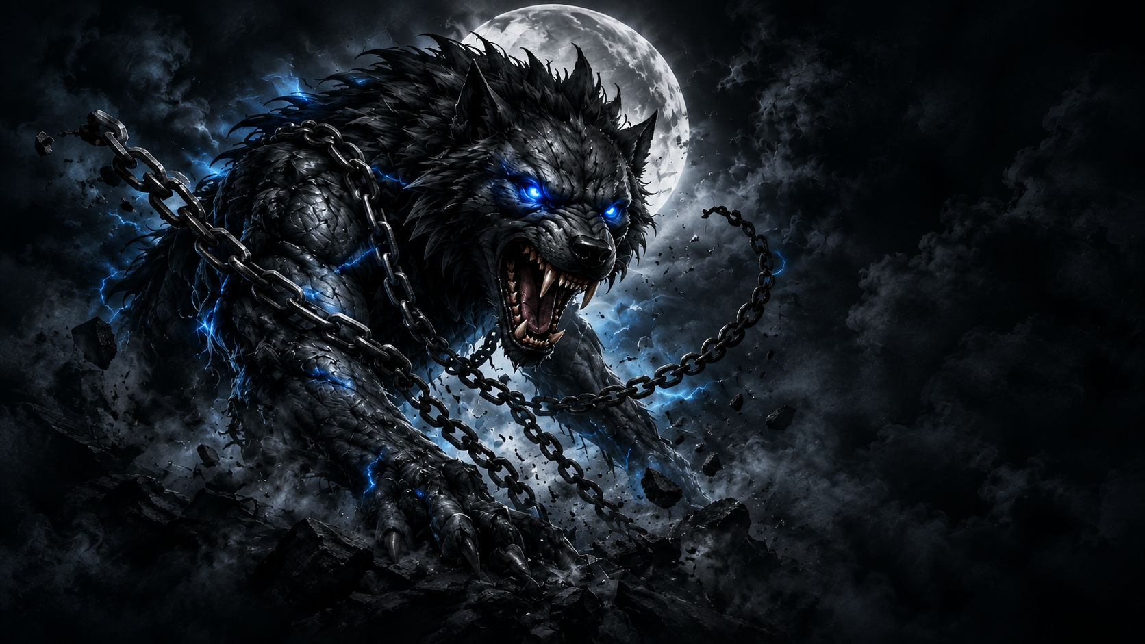 Fenrir breaking free from his chains beneath the moon